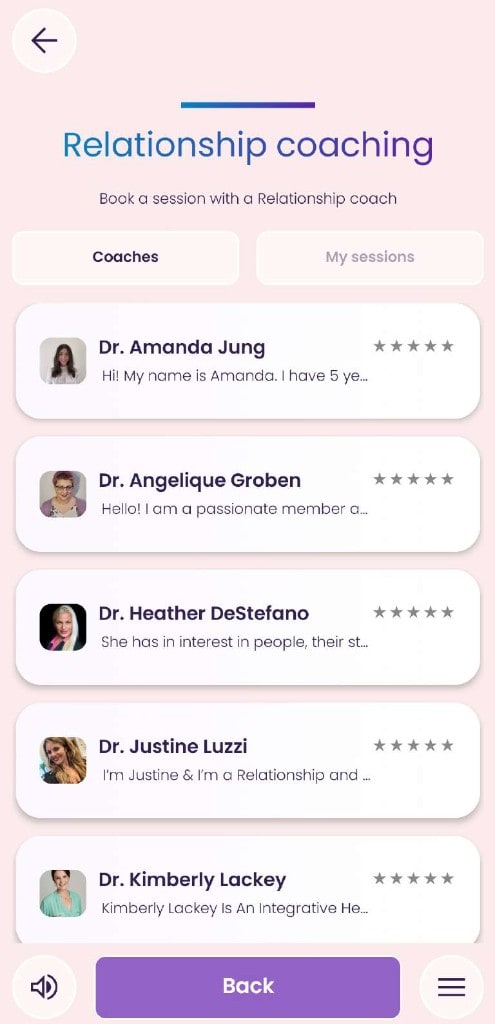 Coaching screen listing coaches