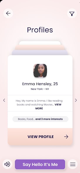 The app's Profiles screen with a Say Hello button