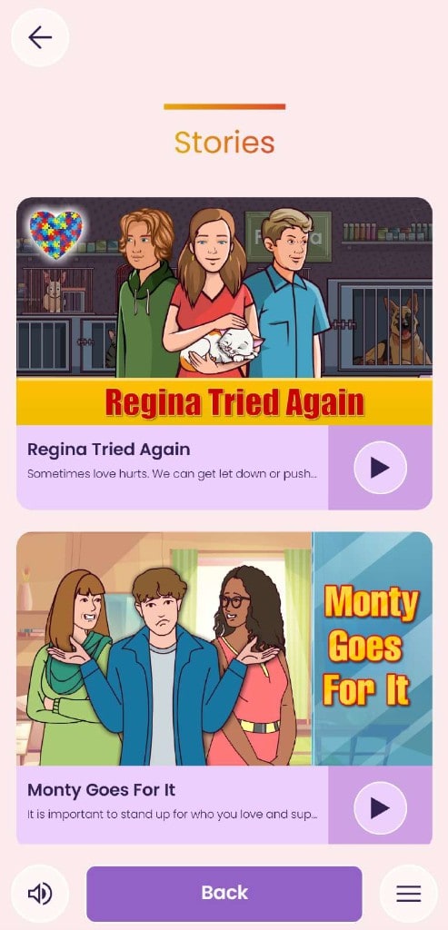 The app's Stories screen with short skill-building stories